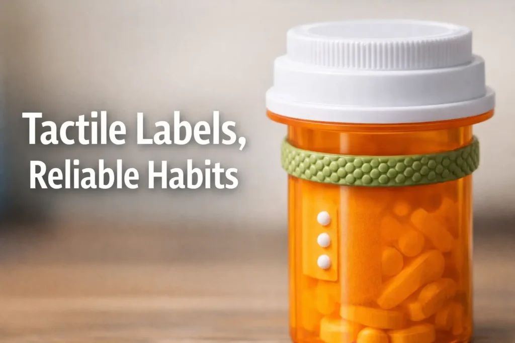 Pill bottle tactile label placement