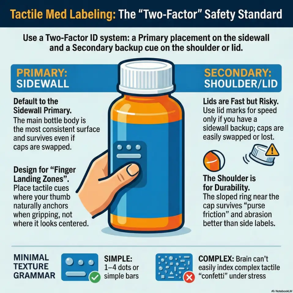 Pill bottle tactile label placement