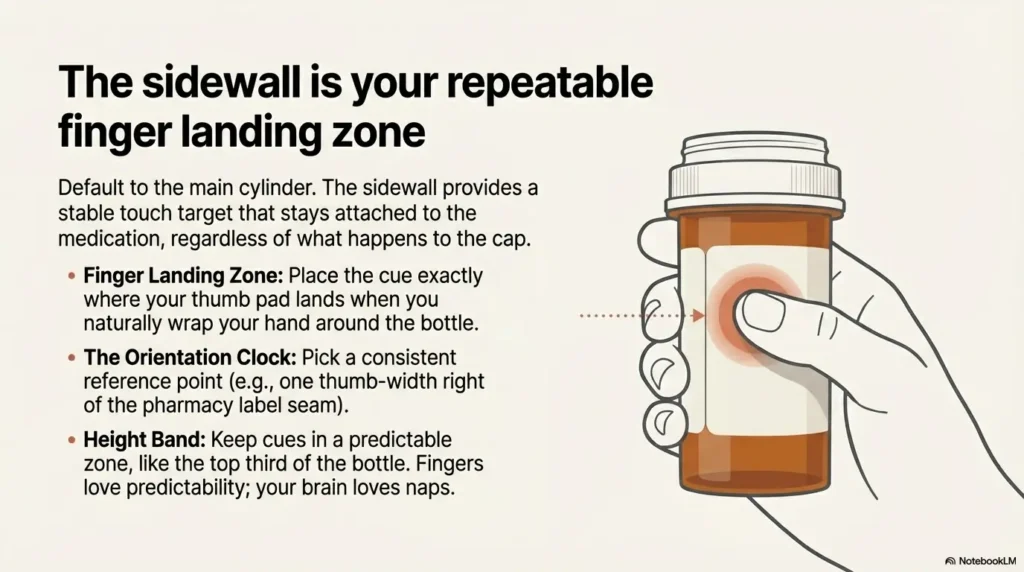 Pill bottle tactile label placement