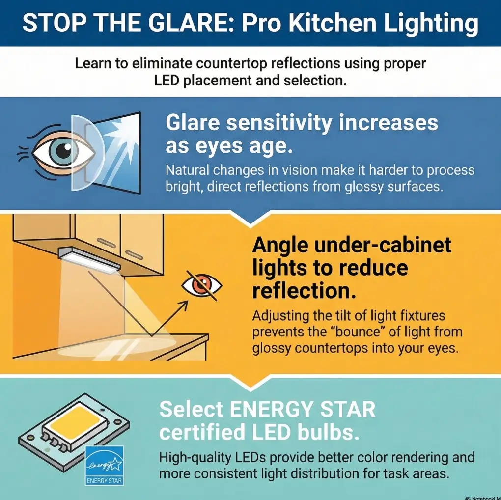 under-cabinet lighting glare on glossy countertops