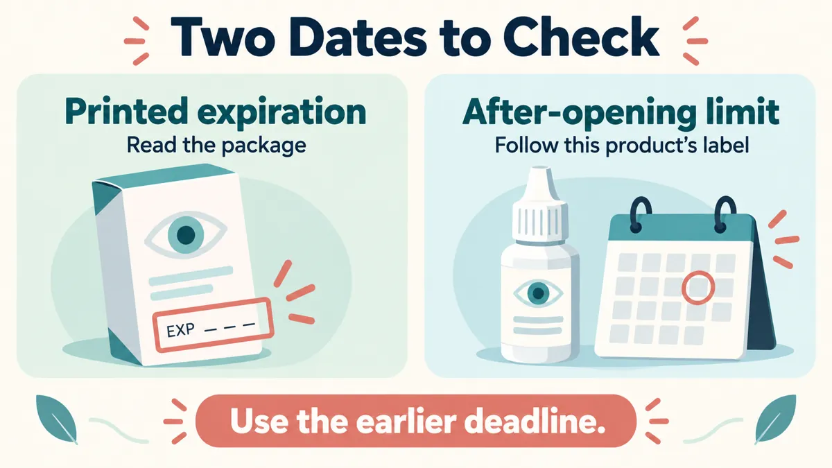 Eye drop expiration diagram comparing printed expiration with the product-specific after-opening limit