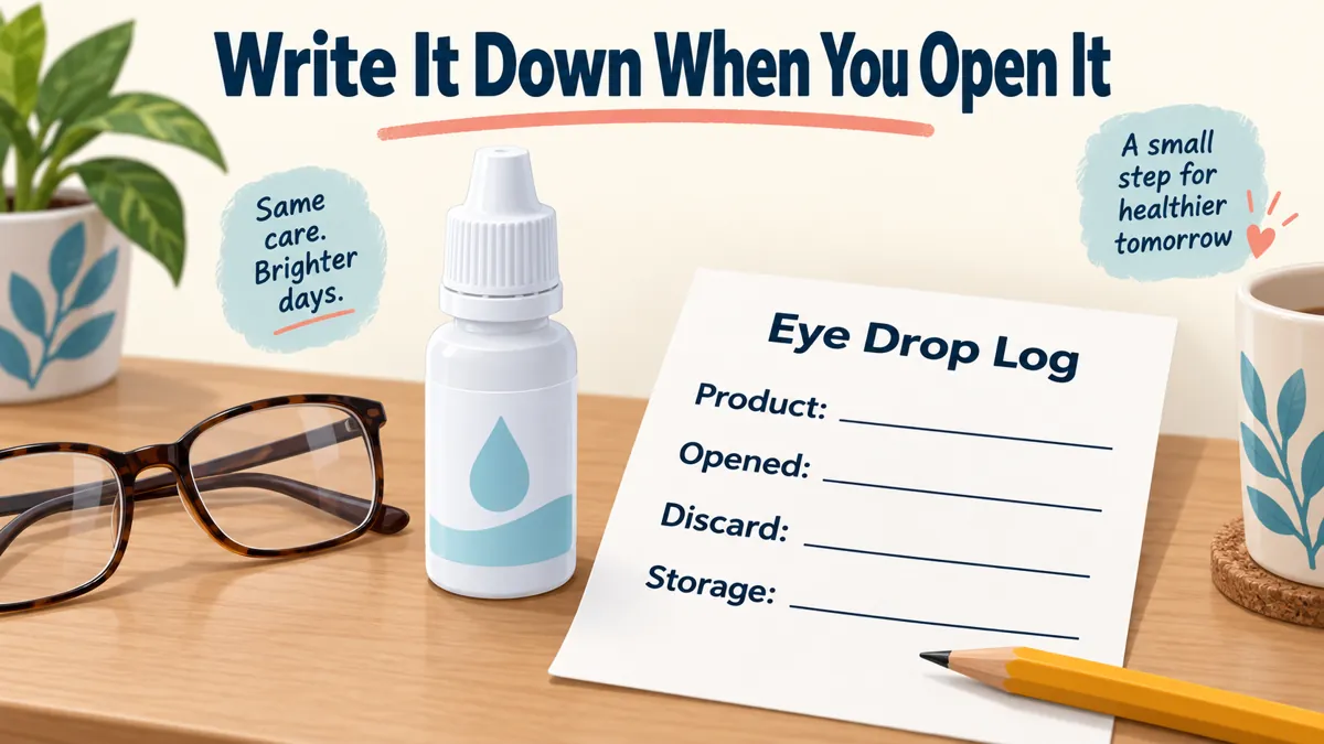 Large-print eye drop log with product, opened, discard, and storage fields beside a capped bottle