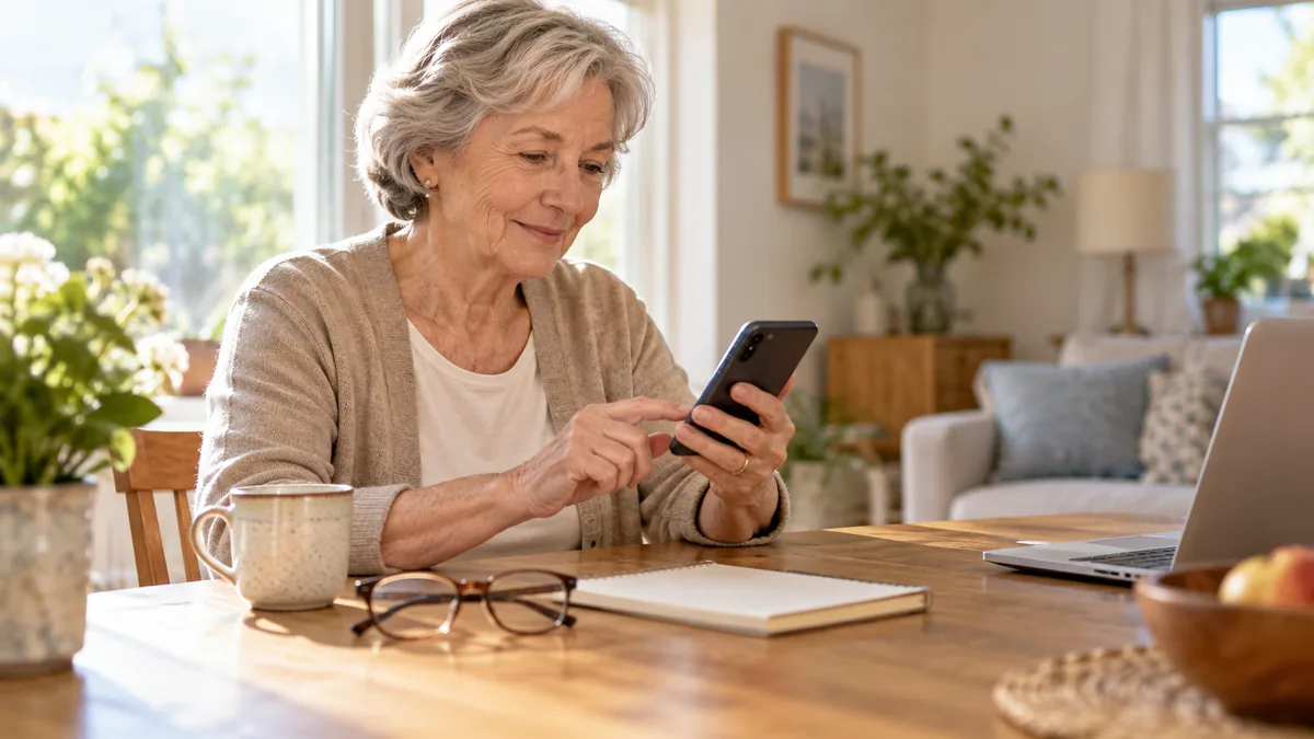 Older adult using a smartphone with reading glasses and a notebook on the table