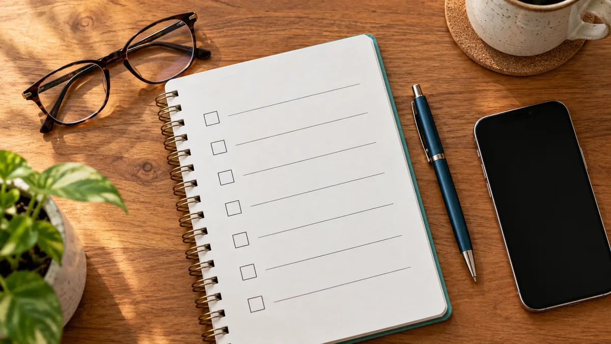 Reading glasses beside a blank appointment checklist, pen and phone